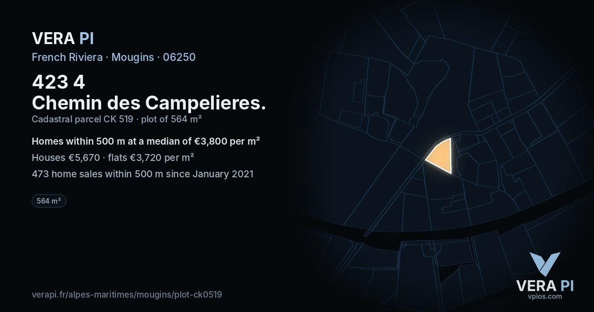 423 4 Chemin des Campelieres, Mougins at night – the plot lit, the parcels around coloured by the prices near them