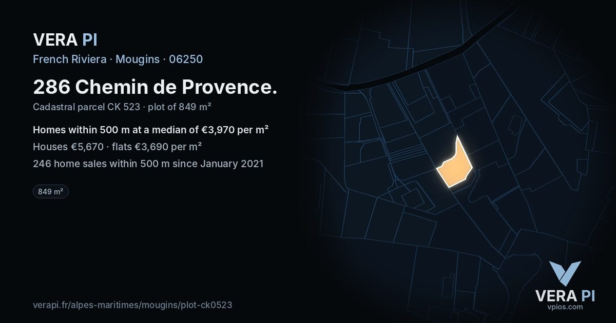 286 Chemin de Provence, Mougins at night – the plot lit, the parcels around coloured by the prices near them
