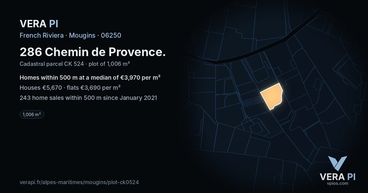 286 Chemin de Provence, Mougins at night – the plot lit, the parcels around coloured by the prices near them