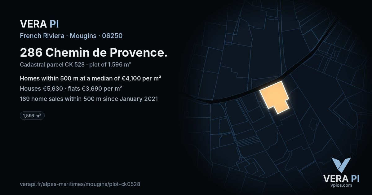 286 Chemin de Provence, Mougins at night – the plot lit, the parcels around coloured by the prices near them