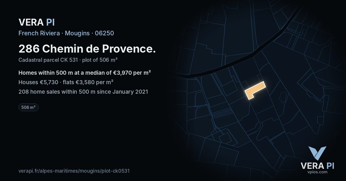 286 Chemin de Provence, Mougins at night – the plot lit, the parcels around coloured by the prices near them