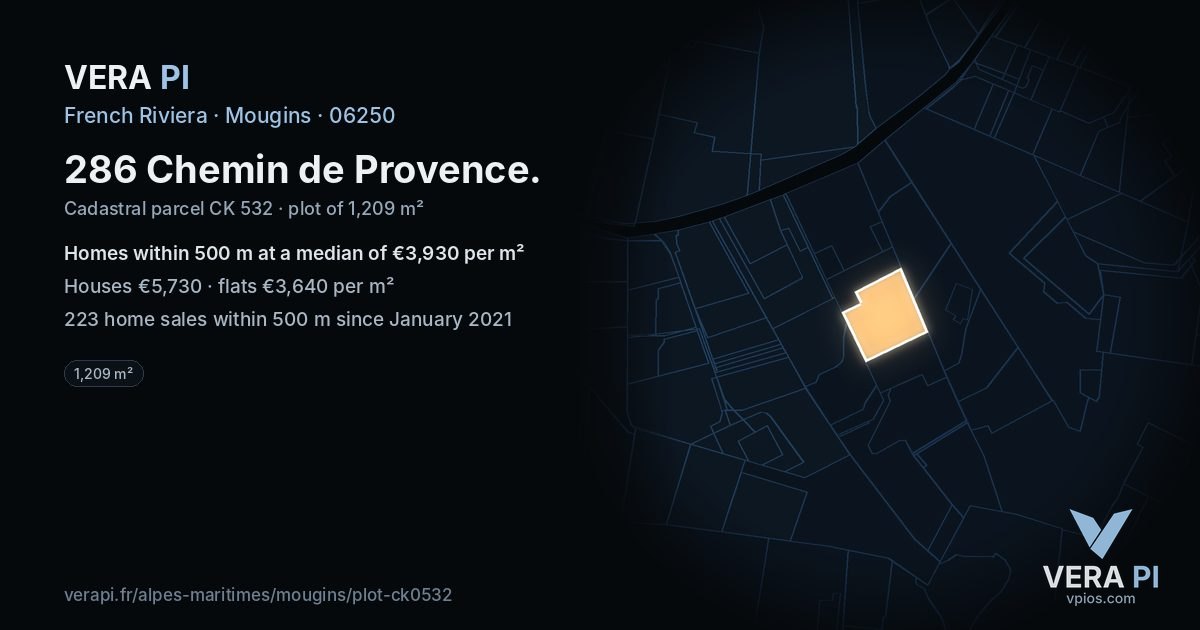 286 Chemin de Provence, Mougins at night – the plot lit, the parcels around coloured by the prices near them