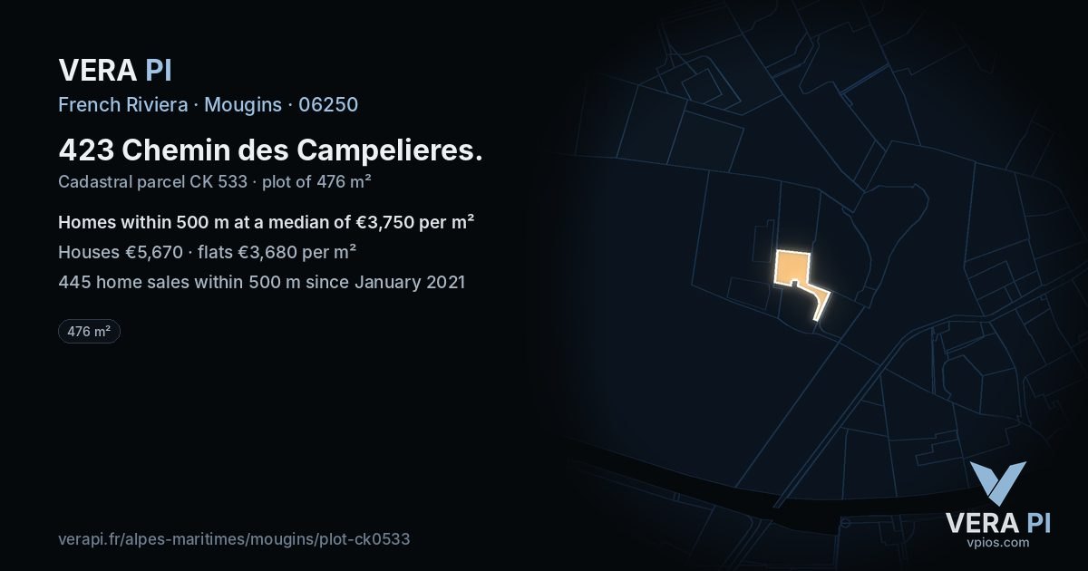 423 Chemin des Campelieres, Mougins at night – the plot lit, the parcels around coloured by the prices near them