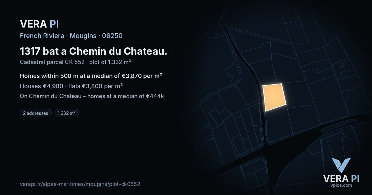 1317 bat a Chemin du Chateau, Mougins at night – the plot lit, the parcels around coloured by the prices near them