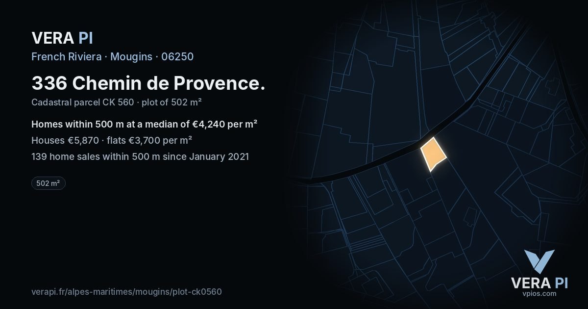 336 Chemin de Provence, Mougins at night – the plot lit, the parcels around coloured by the prices near them
