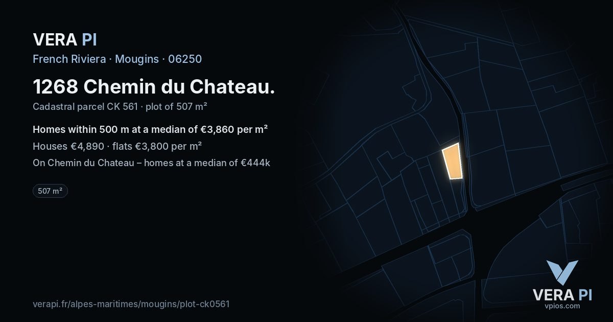 1268 Chemin du Chateau, Mougins at night – the plot lit, the parcels around coloured by the prices near them