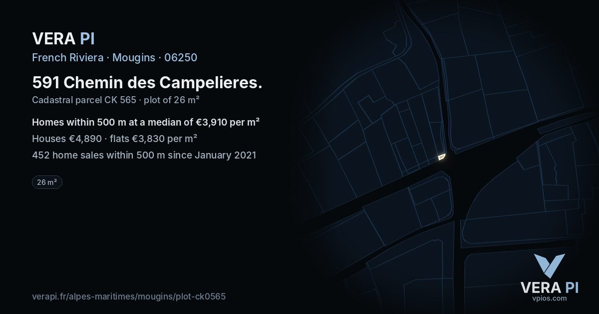 591 Chemin des Campelieres, Mougins at night – the plot lit, the parcels around coloured by the prices near them