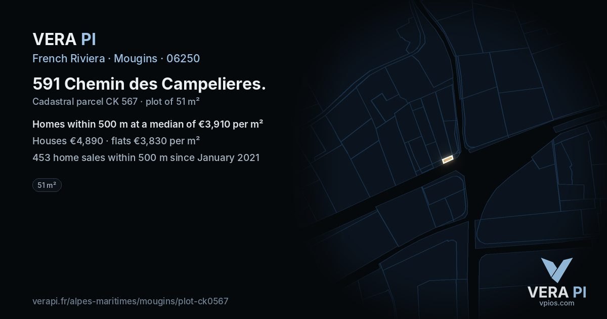 591 Chemin des Campelieres, Mougins at night – the plot lit, the parcels around coloured by the prices near them