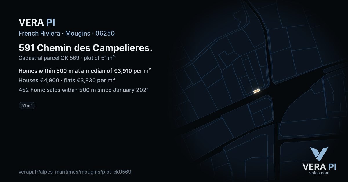 591 Chemin des Campelieres, Mougins at night – the plot lit, the parcels around coloured by the prices near them