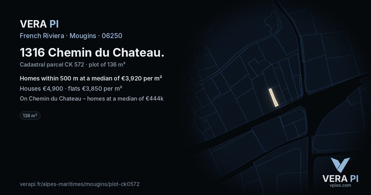 1316 Chemin du Chateau, Mougins at night – the plot lit, the parcels around coloured by the prices near them