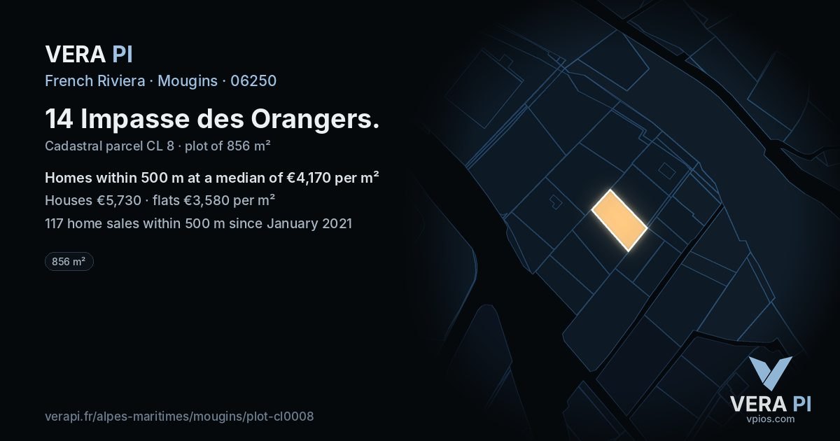 14 Impasse des Orangers, Mougins at night – the plot lit, the parcels around coloured by the prices near them