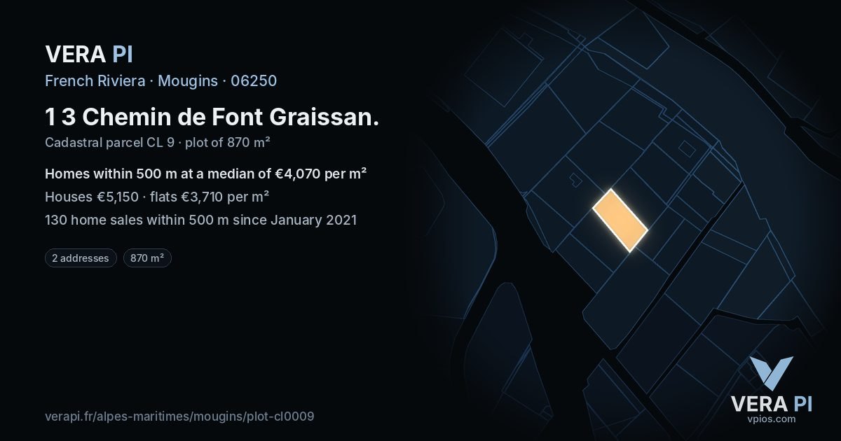 1 3 Chemin de Font Graissan, Mougins at night – the plot lit, the parcels around coloured by the prices near them
