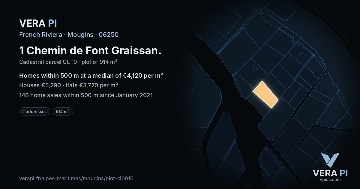 1 Chemin de Font Graissan, Mougins at night – the plot lit, the parcels around coloured by the prices near them