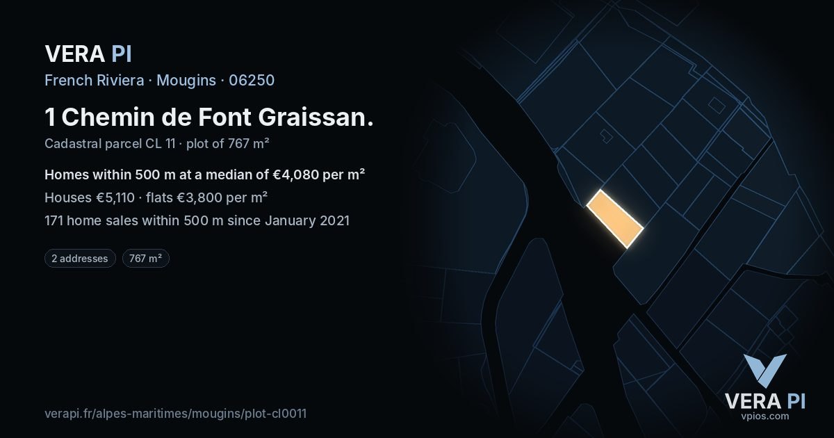 1 Chemin de Font Graissan, Mougins at night – the plot lit, the parcels around coloured by the prices near them