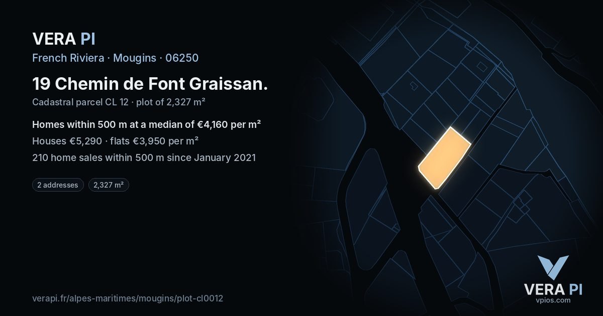 19 Chemin de Font Graissan, Mougins at night – the plot lit, the parcels around coloured by the prices near them