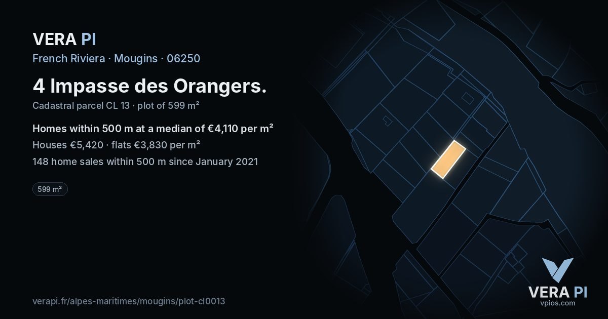 4 Impasse des Orangers, Mougins at night – the plot lit, the parcels around coloured by the prices near them