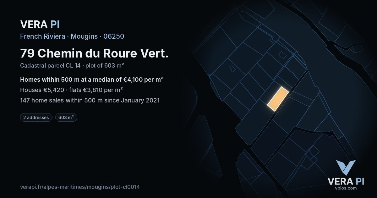 79 Chemin du Roure Vert, Mougins at night – the plot lit, the parcels around coloured by the prices near them