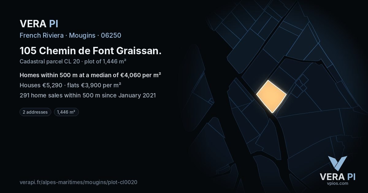 105 Chemin de Font Graissan, Mougins at night – the plot lit, the parcels around coloured by the prices near them