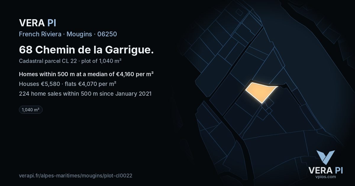 68 Chemin de la Garrigue, Mougins at night – the plot lit, the parcels around coloured by the prices near them