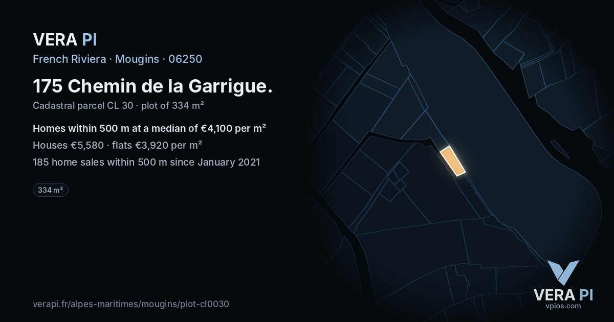 175 Chemin de la Garrigue, Mougins at night – the plot lit, the parcels around coloured by the prices near them