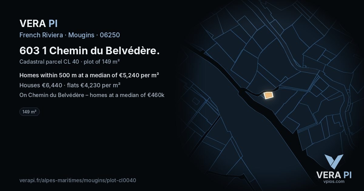 603 1 Chemin du Belvédère, Mougins at night – the plot lit, the parcels around coloured by the prices near them