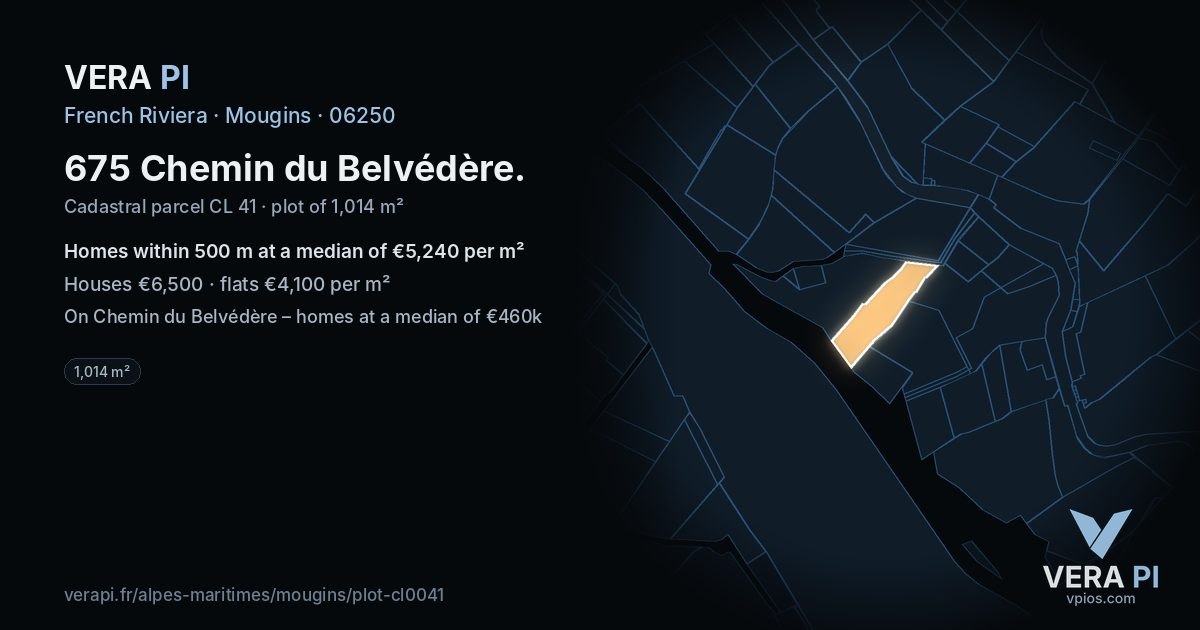 675 Chemin du Belvédère, Mougins at night – the plot lit, the parcels around coloured by the prices near them