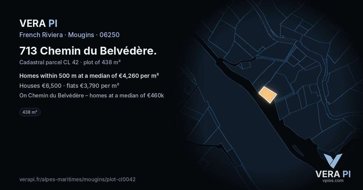 713 Chemin du Belvédère, Mougins at night – the plot lit, the parcels around coloured by the prices near them