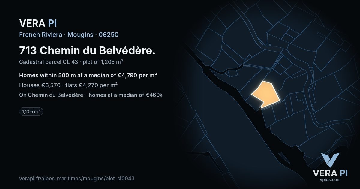 713 Chemin du Belvédère, Mougins at night – the plot lit, the parcels around coloured by the prices near them