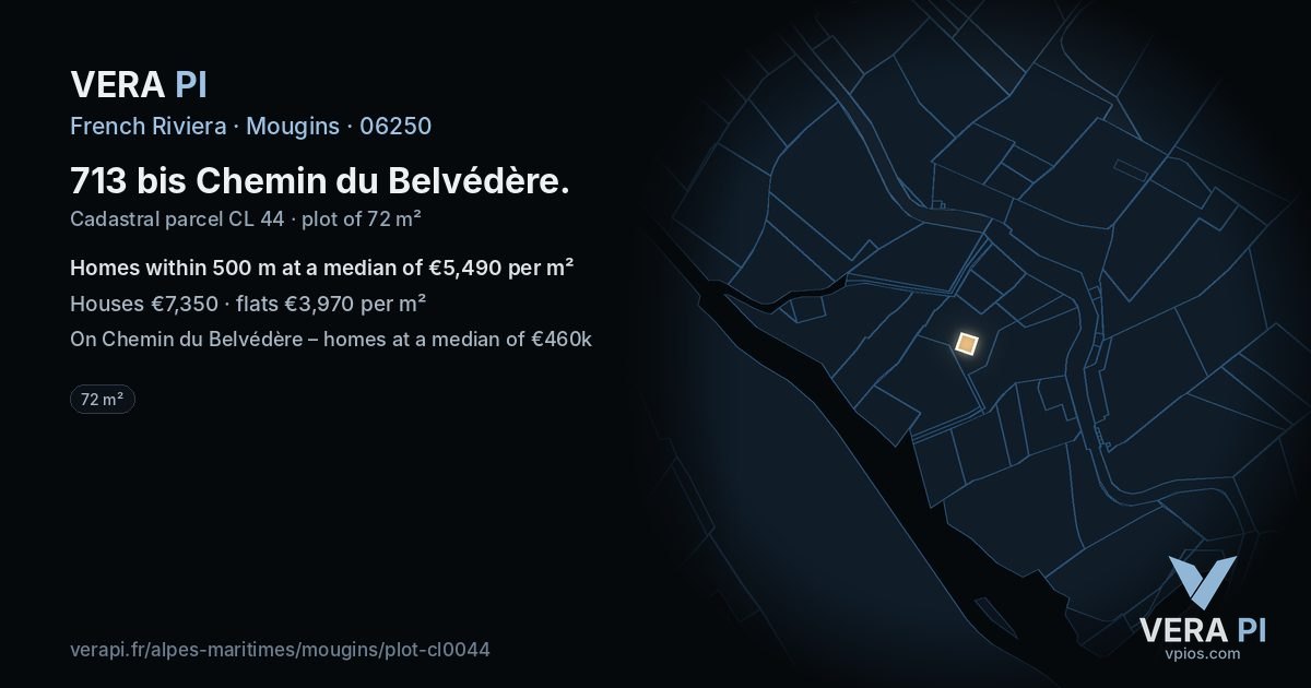 713 bis Chemin du Belvédère, Mougins at night – the plot lit, the parcels around coloured by the prices near them