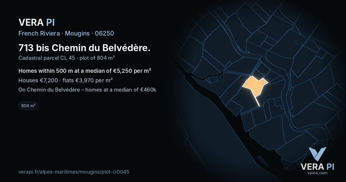 713 bis Chemin du Belvédère, Mougins at night – the plot lit, the parcels around coloured by the prices near them