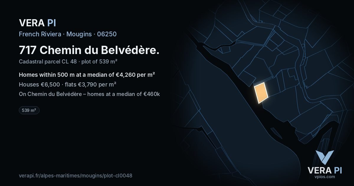 717 Chemin du Belvédère, Mougins at night – the plot lit, the parcels around coloured by the prices near them