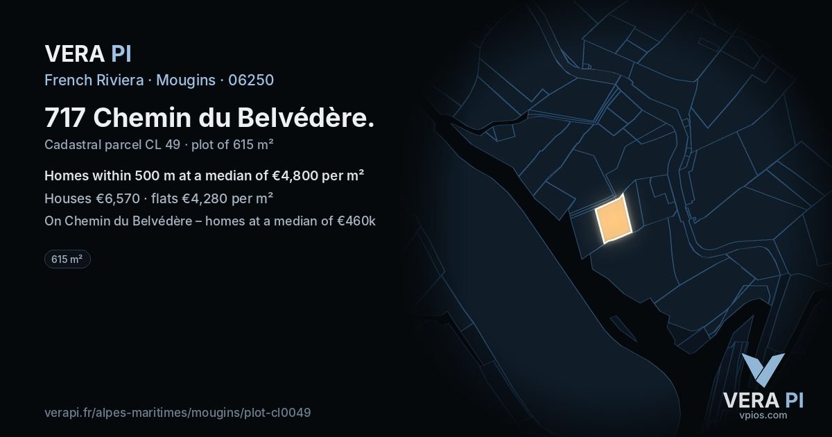 717 Chemin du Belvédère, Mougins at night – the plot lit, the parcels around coloured by the prices near them