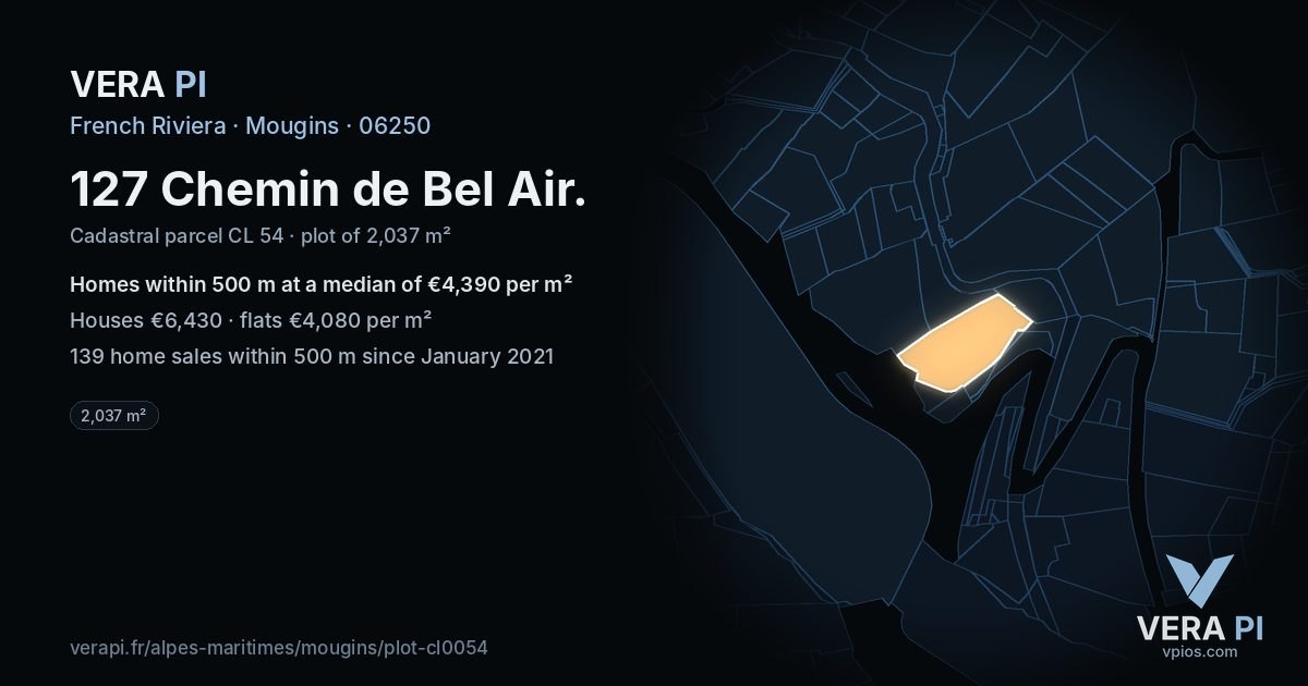 127 Chemin de Bel Air, Mougins at night – the plot lit, the parcels around coloured by the prices near them