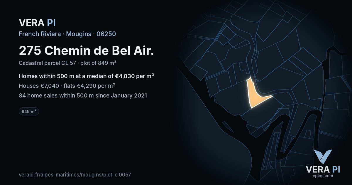 275 Chemin de Bel Air, Mougins at night – the plot lit, the parcels around coloured by the prices near them