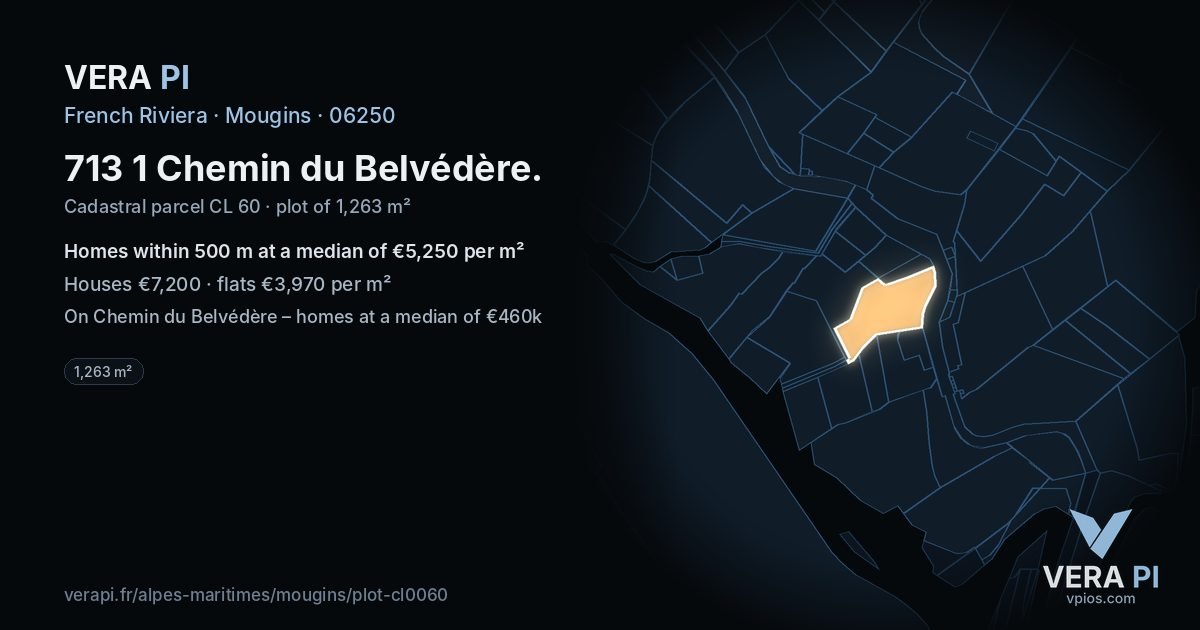 713 1 Chemin du Belvédère, Mougins at night – the plot lit, the parcels around coloured by the prices near them