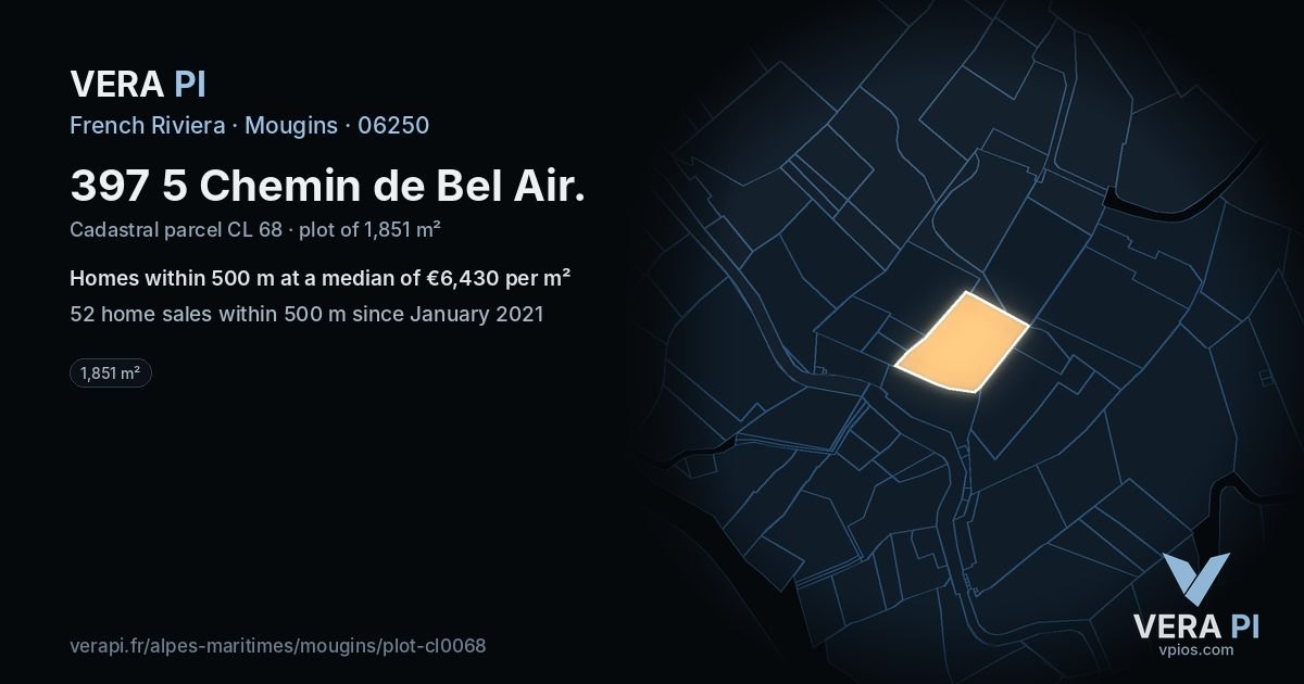 397 5 Chemin de Bel Air, Mougins at night – the plot lit, the parcels around coloured by the prices near them