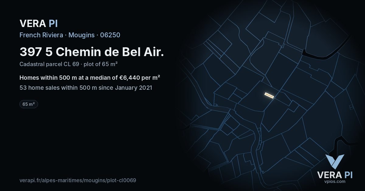 397 5 Chemin de Bel Air, Mougins at night – the plot lit, the parcels around coloured by the prices near them