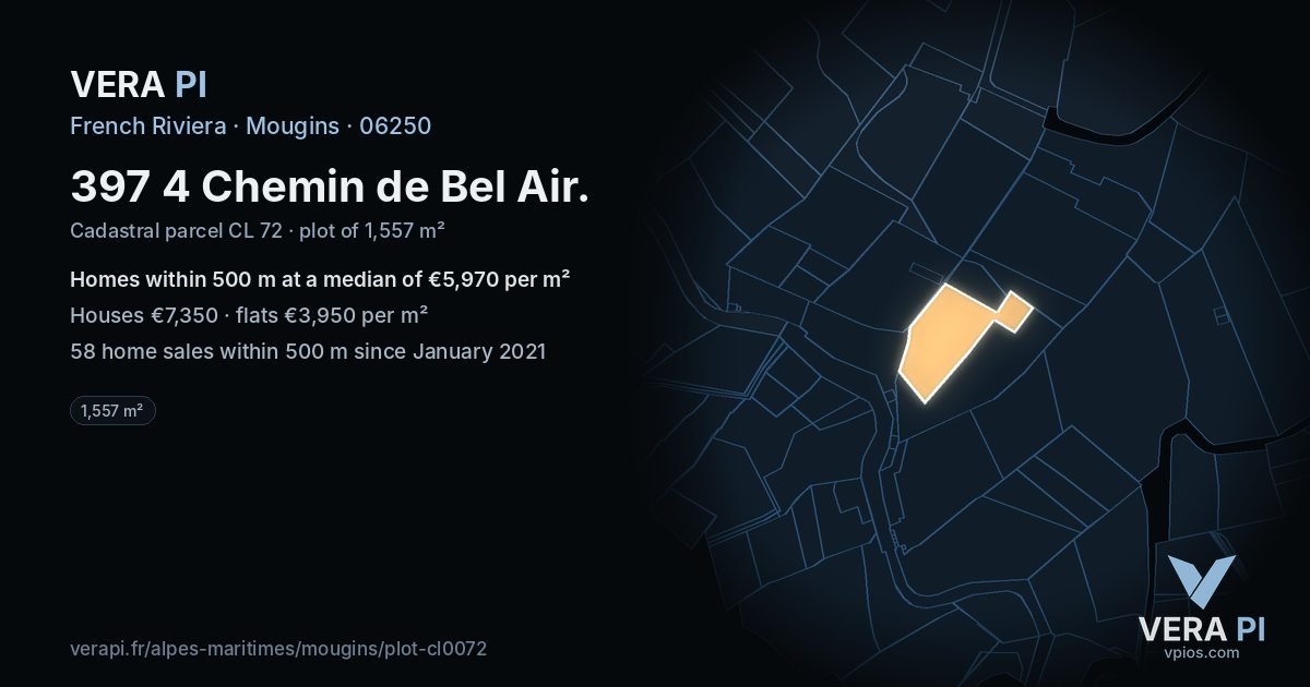 397 4 Chemin de Bel Air, Mougins at night – the plot lit, the parcels around coloured by the prices near them