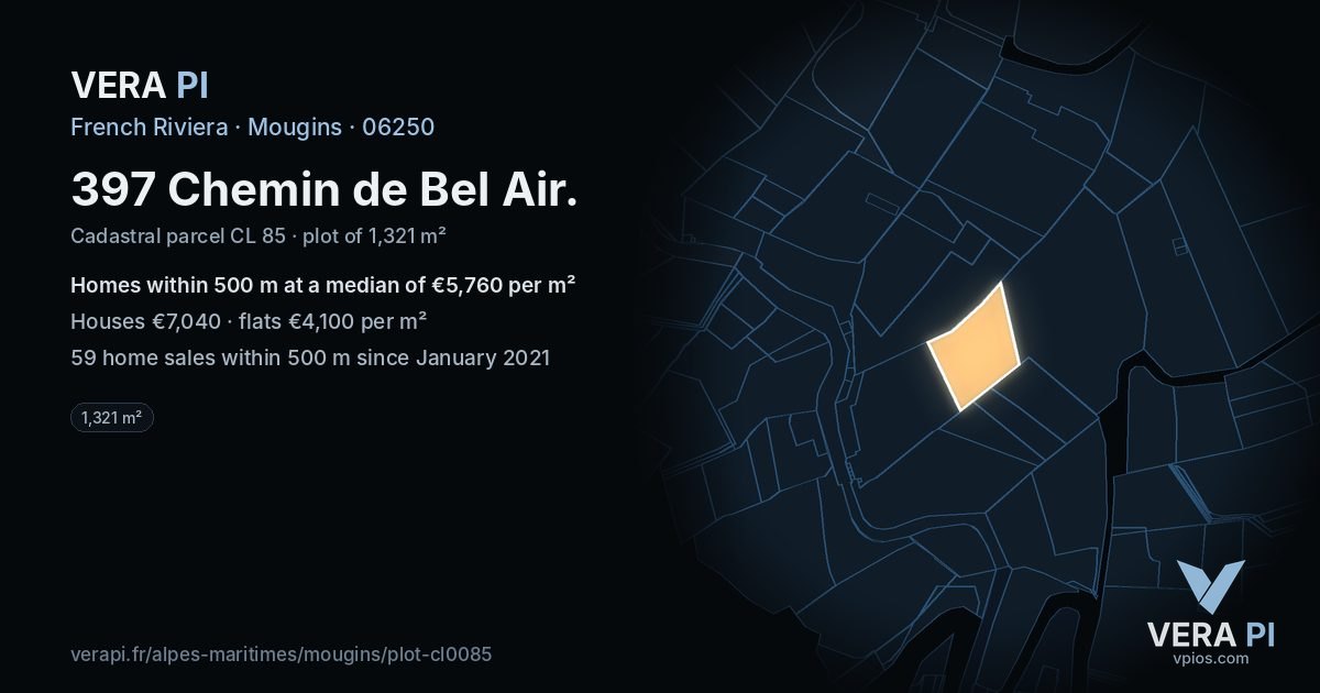 397 Chemin de Bel Air, Mougins at night – the plot lit, the parcels around coloured by the prices near them