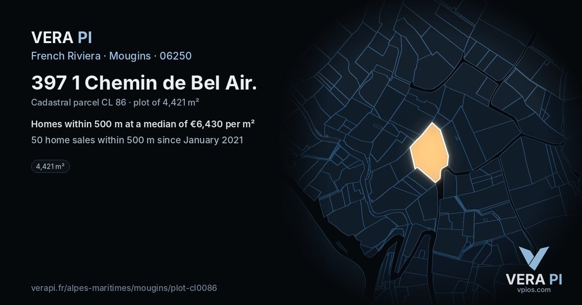 397 1 Chemin de Bel Air, Mougins at night – the plot lit, the parcels around coloured by the prices near them