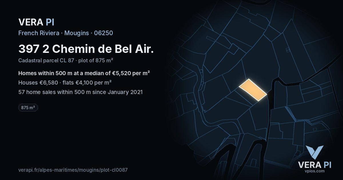 397 2 Chemin de Bel Air, Mougins at night – the plot lit, the parcels around coloured by the prices near them