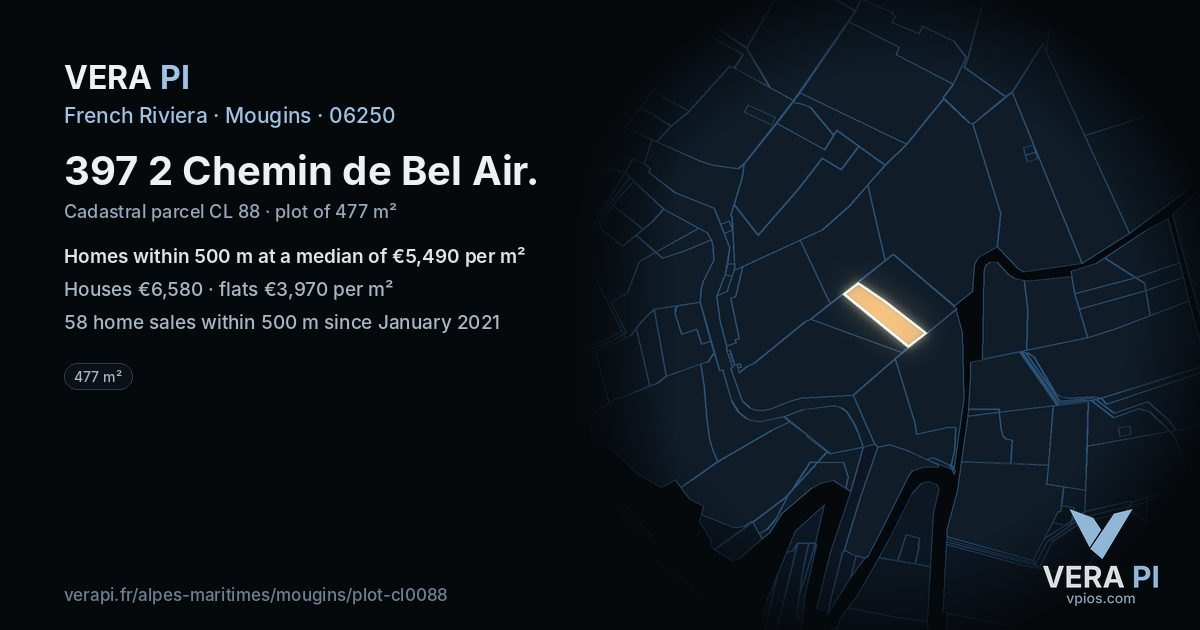 397 2 Chemin de Bel Air, Mougins at night – the plot lit, the parcels around coloured by the prices near them