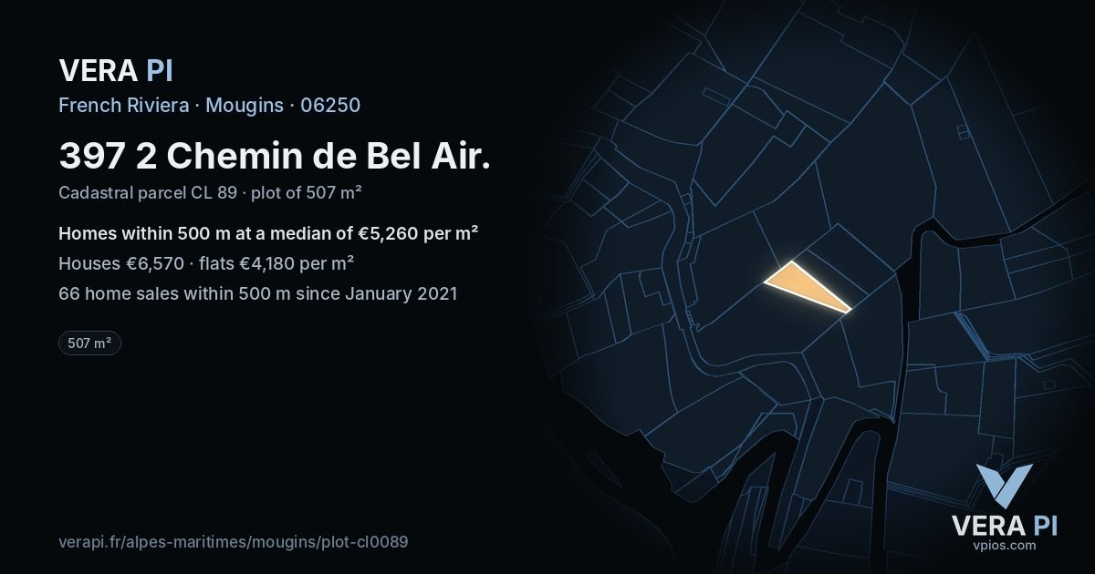 397 2 Chemin de Bel Air, Mougins at night – the plot lit, the parcels around coloured by the prices near them