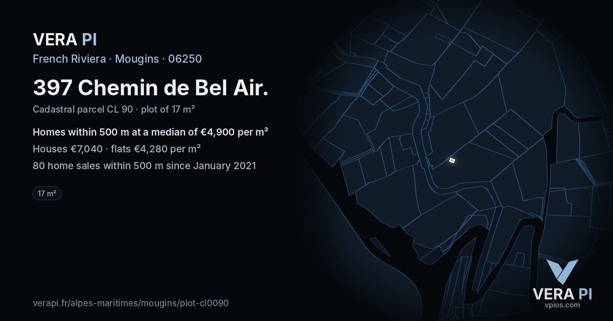 397 Chemin de Bel Air, Mougins at night – the plot lit, the parcels around coloured by the prices near them