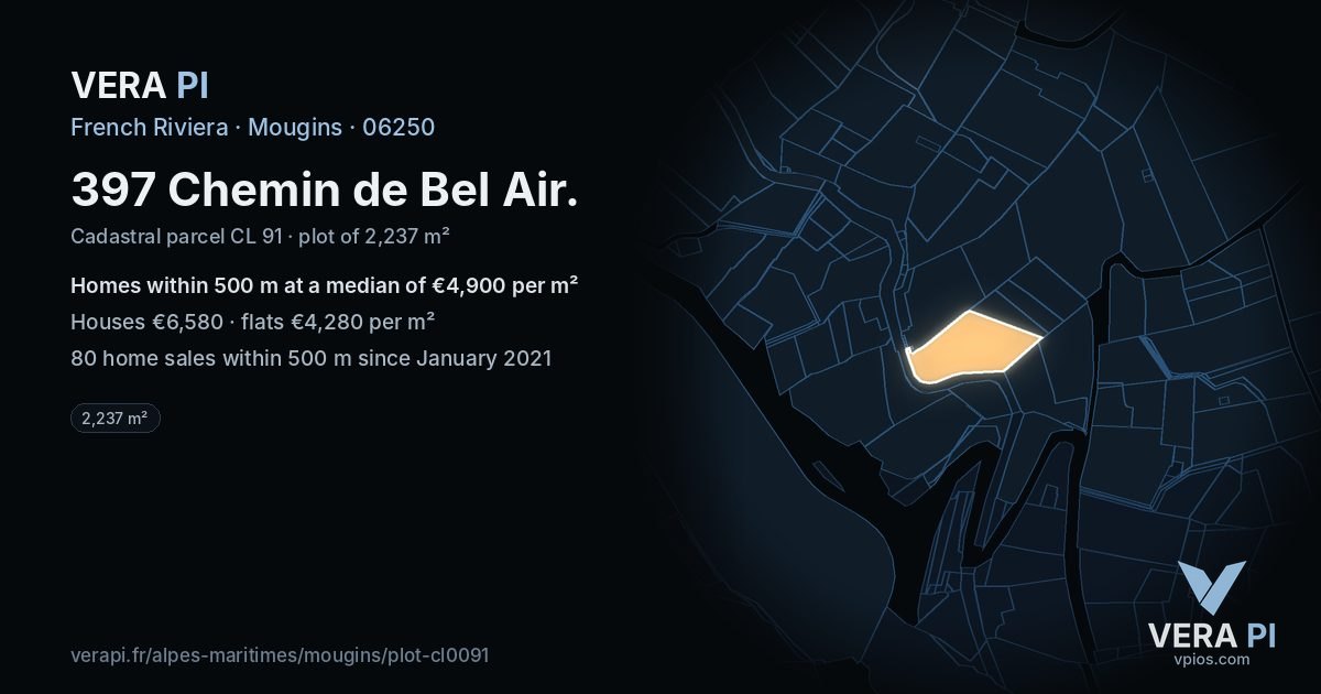 397 Chemin de Bel Air, Mougins at night – the plot lit, the parcels around coloured by the prices near them