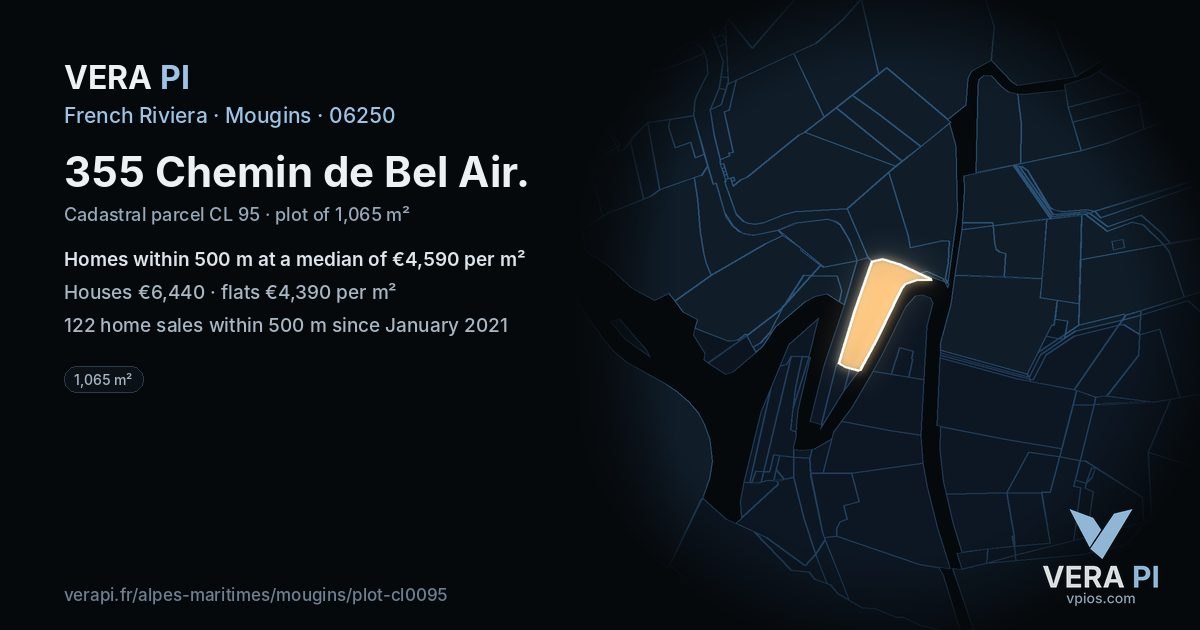 355 Chemin de Bel Air, Mougins at night – the plot lit, the parcels around coloured by the prices near them