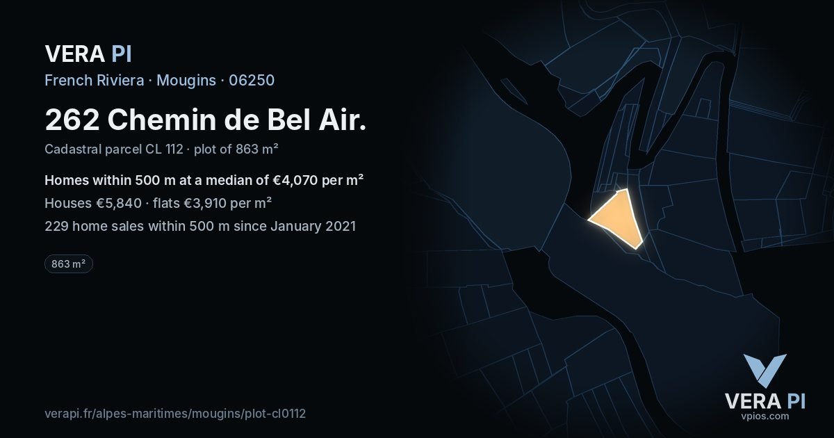 262 Chemin de Bel Air, Mougins at night – the plot lit, the parcels around coloured by the prices near them