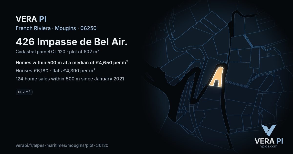426 Impasse de Bel Air, Mougins at night – the plot lit, the parcels around coloured by the prices near them