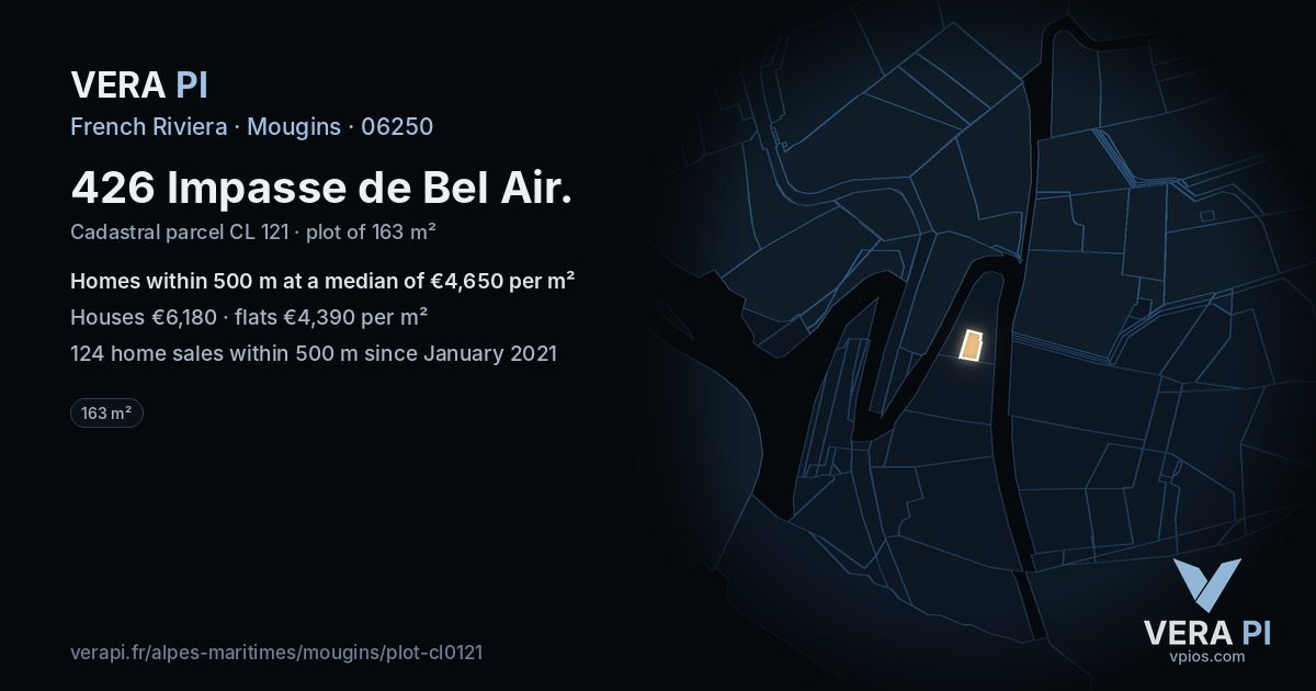 426 Impasse de Bel Air, Mougins at night – the plot lit, the parcels around coloured by the prices near them