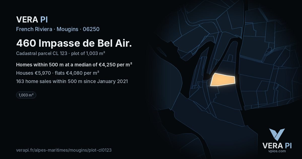 460 Impasse de Bel Air, Mougins at night – the plot lit, the parcels around coloured by the prices near them